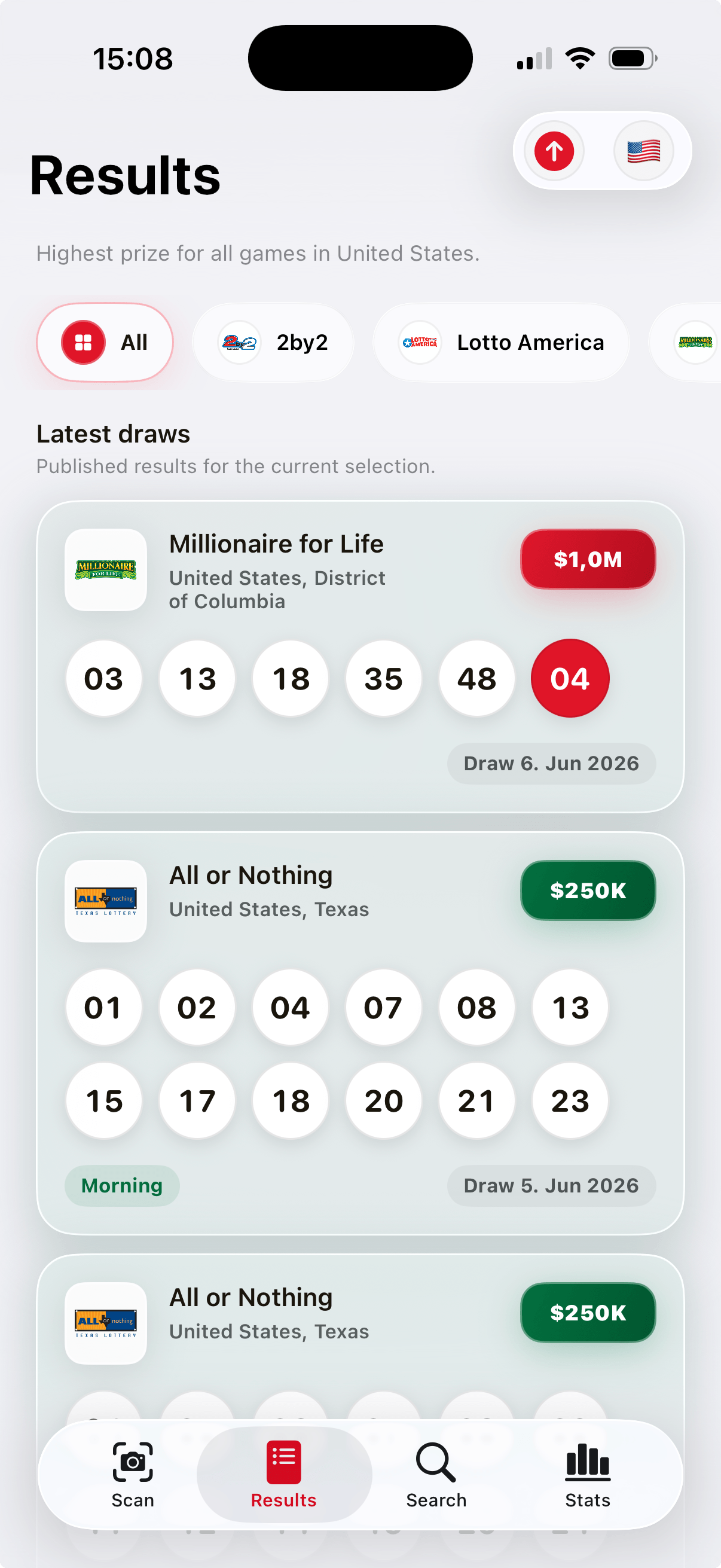 Lottery Scanner app showing a checked ticket result