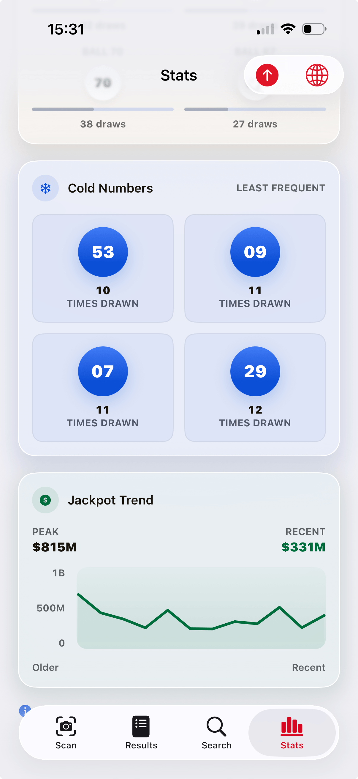 Lottery ticket barcode scanner app result screen